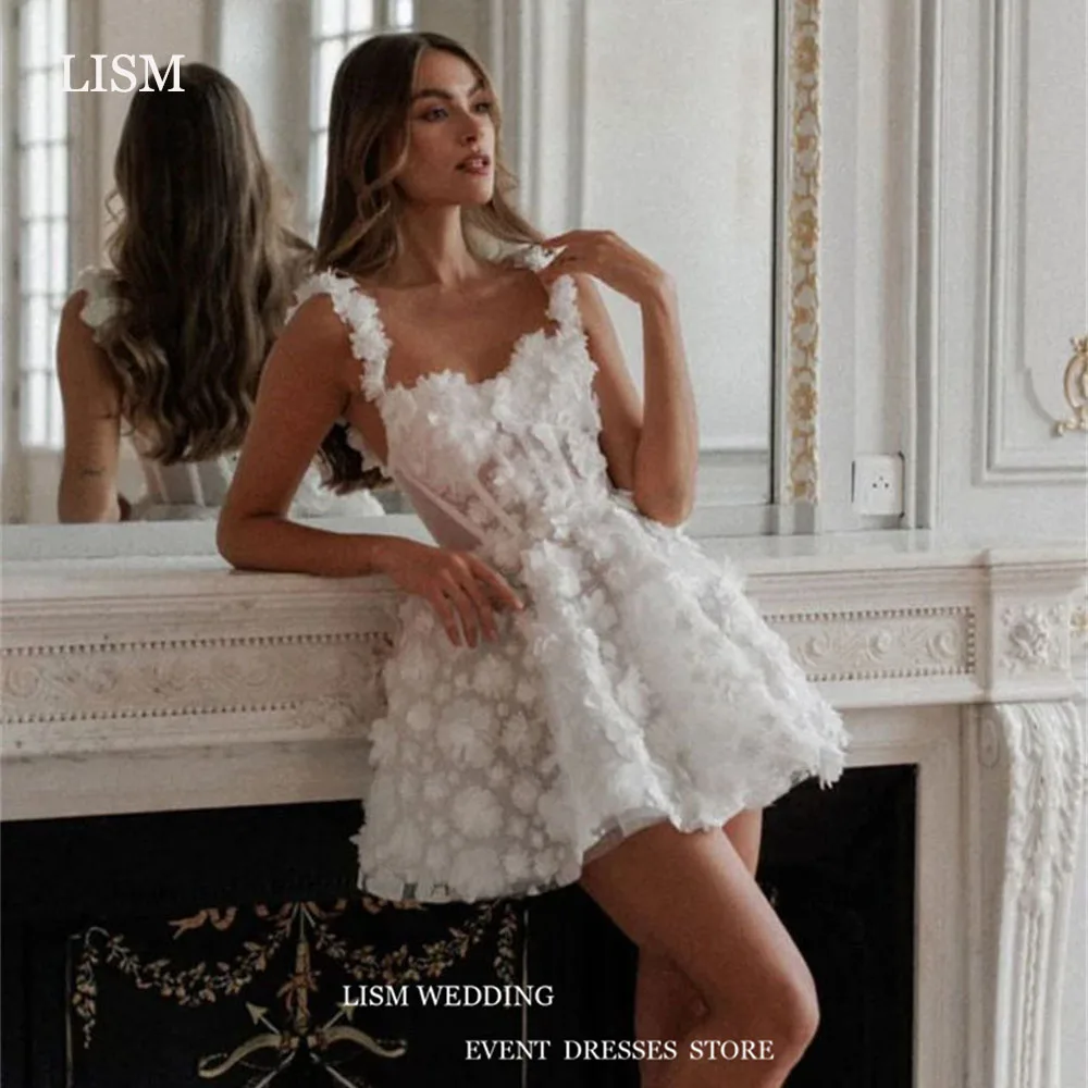 LISM lujo 3D flores corto Mini Vestidos De Novia sin mangas correas anchas una línea vestido De Novia personalizado corsé Vestidos De Novia