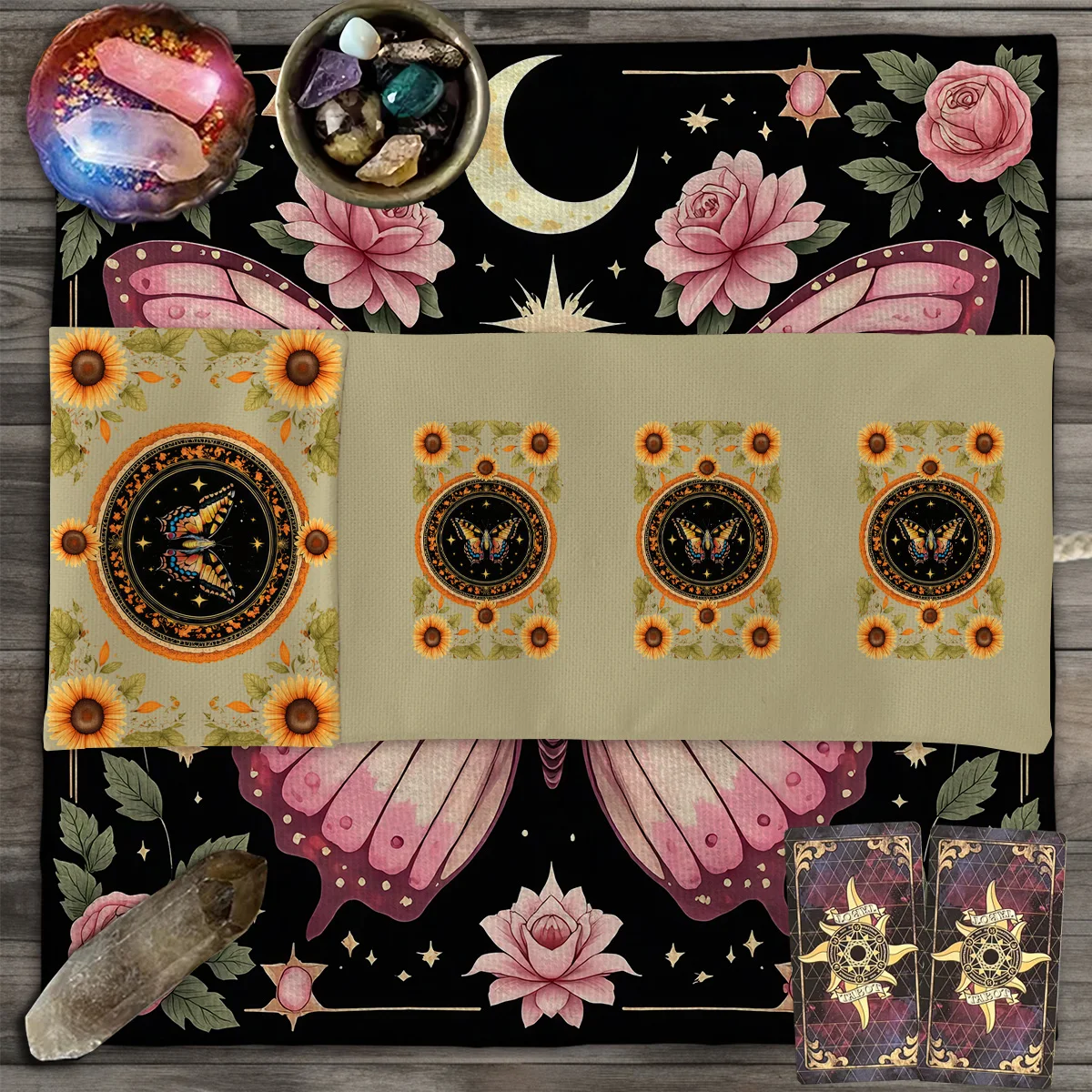 Sonnenblumen und Pflanzen Kosmischer Sternenhimmel Schmetterlinge Tarot Aufbewahrungstasche Tarotkarten Aufbewahrungstasche Tarot Stoff Wahrsagerei Tasche