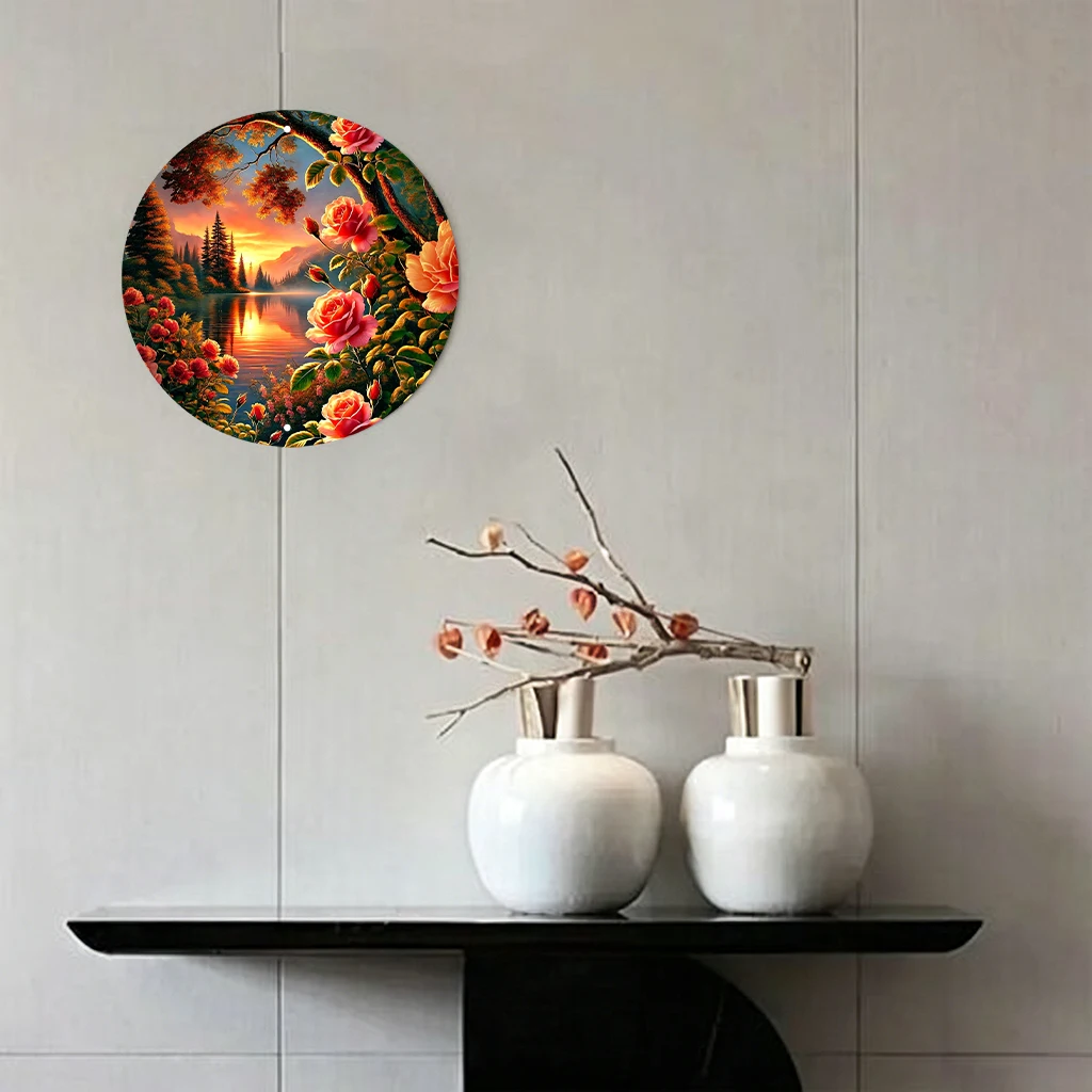 JIT 1-pc Orange sunset mountain red rose landscape print round metal tin sign wall decor, lightweight & smooth surface, this artistic metal tin sign fits bedroom, entryway and garden for multi-space wall decoration, ideal decorative gift for home lovers view 4