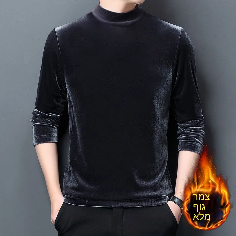 Black Fleece Lined Long Sleeve T-Shirt Men's Slim Fit Workwear Velvet Base Shirt Warm Gold Thread Autumn Winter Fashion Casual