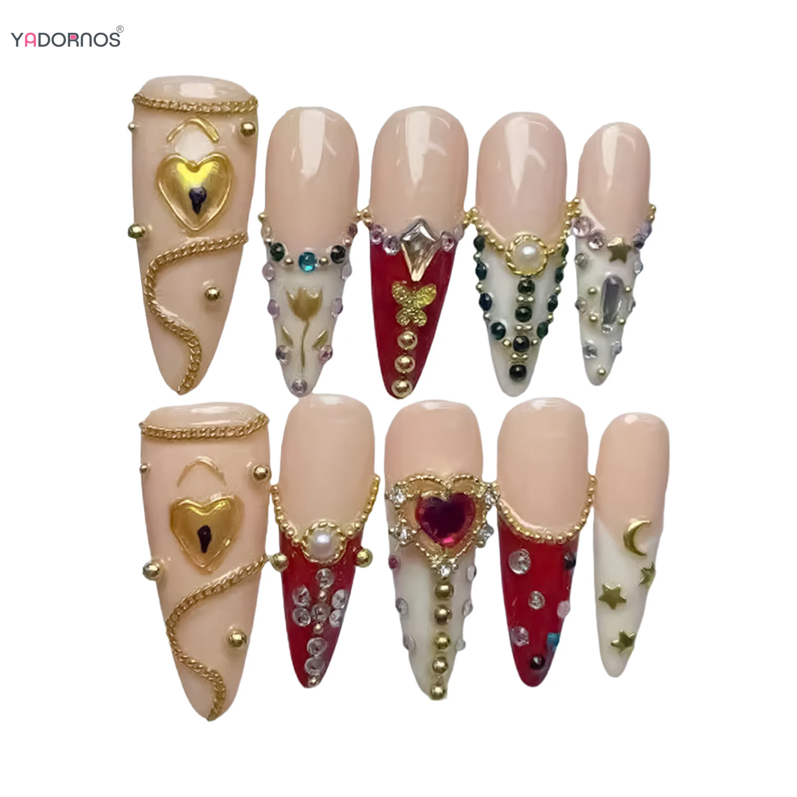 

10Pcs Long Almond Press on Nails French Style Glitter Rhinestone Fake Nails Retro European Luxury Design False Nail Tips