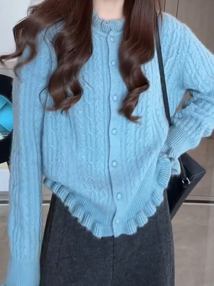 

Korean Sle Loose Knitted Cardigan Women's round Ne Single Button Faion Slimming Winter New Arrival Top Spiral Twist Design
