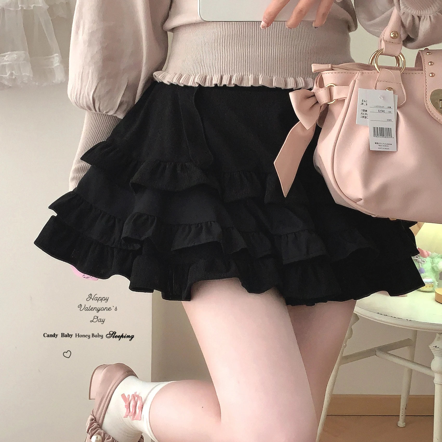 Autumn Vintage Ruffle Kawaii Cake Mini Corduroy Skirt High Waist Elastic Patchwork Pink Black Lolita School Soft Girl Skirts