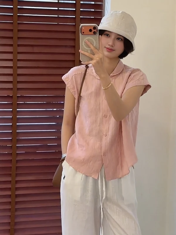 

Розовая женская рубашка с рюшами в японском стиле ретро, новая летняя модель, простой повседневный топ с коротким рукавом, прямой крой, для офиса и на каждый день