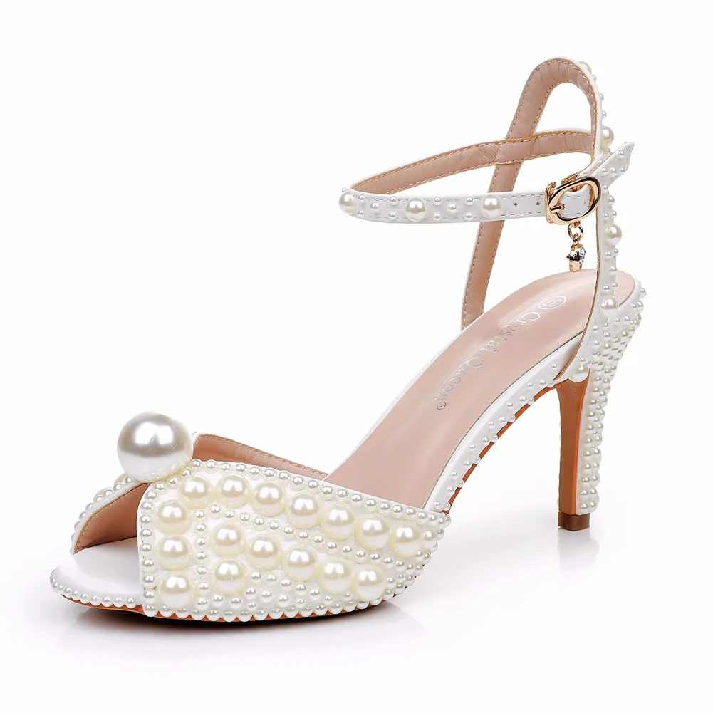 

Pearl Embellished High Heels Sandals Open Toe Buckle round Head Fish Mouth Shoes for Brides