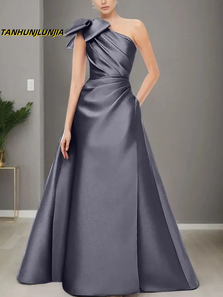 

Customized Satin Elegant Evening Dress A-line One-shoulder Prom Gown Floor Length Pleated Luxury Pretty Wedding Party Dress