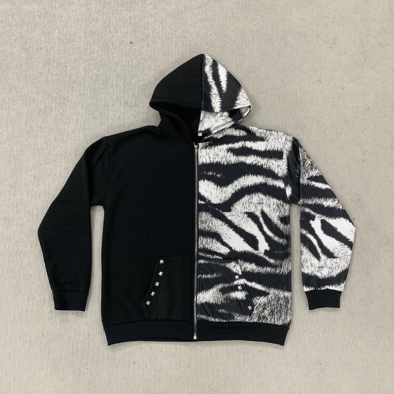 الرجال والنساء عارضة مطبوعة هوديي الخريف الشتاء زيبرا نمط طويلة الأكمام سستة مقنعين البلوز
