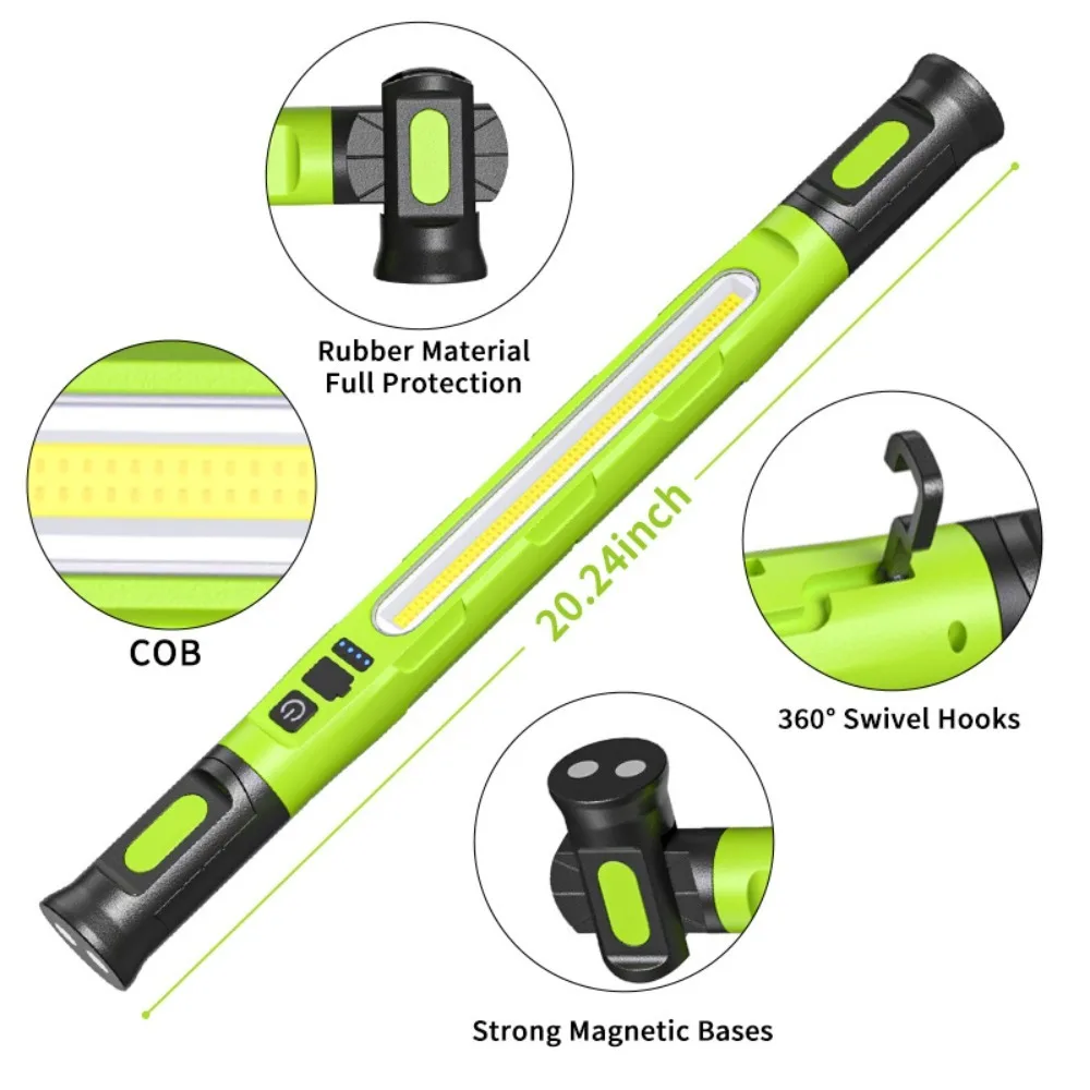 Rechargeable COB Work Lamp Bar with Hooks Rotating Magnetic Base 3 Lighting Modes for Car Repair, Emergency and Outdoor Lighting