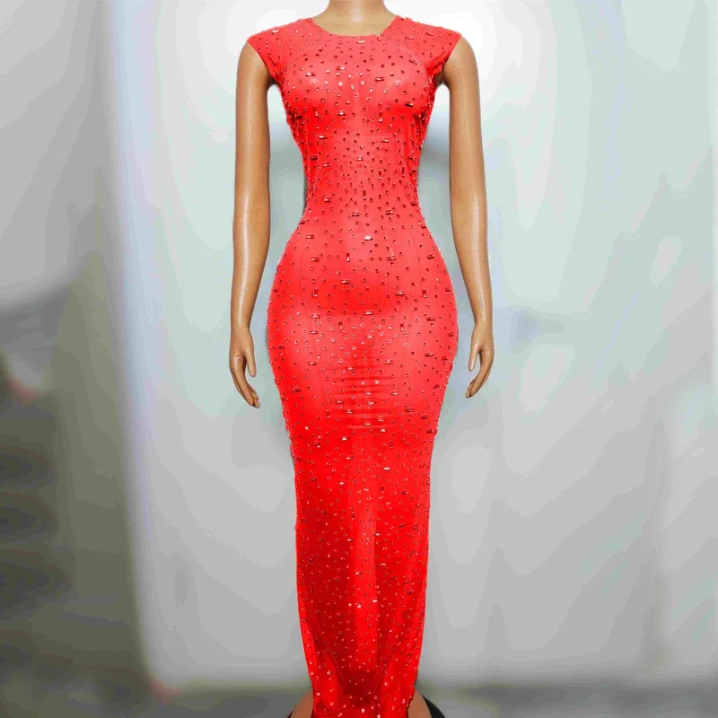 8 Colors Full Rhinestones Party Dress Women Celebrate Festival Outfit Stage Catwalk Gogo Costumes Evening Prom Dresses XS7525