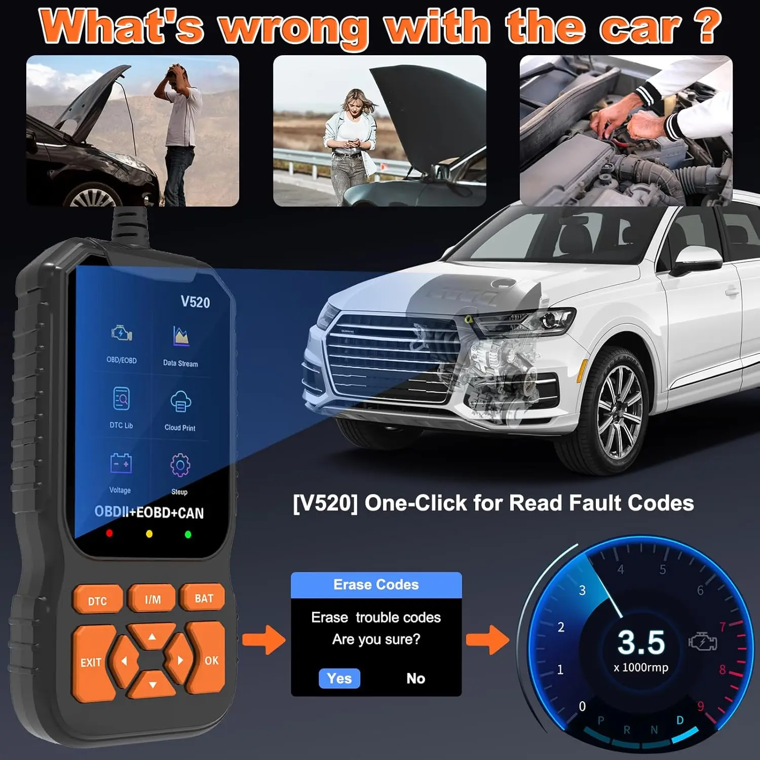 V520 Professional OBD2/EOBD Check Engine Fault Codes with Cloud Printing Function Plug and Play Car Scanning Diagnostic Tool