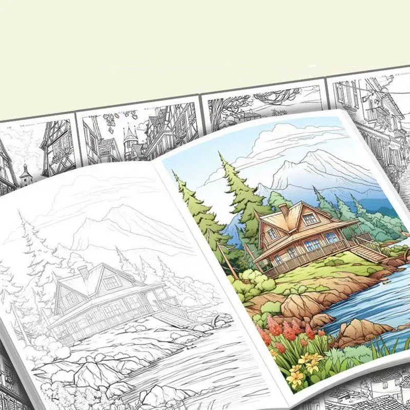 Landscape Line Art Tracing Coloring Book Set, Scenery Sketch Drawing Pad for Beginners, Adult & Kids Art Therapy