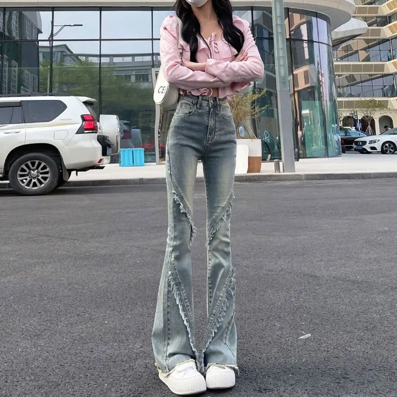 High-Waist Flare Straight-Leg Jeans Women Slimming Y2K Vintage Retro Pant Trousers Female Tassel Spliced Patchwork Goth Pants