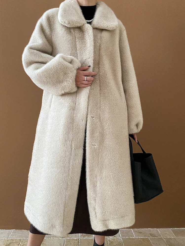 [EAM] Coffee Thick Warm Pocket Long Faux Fur Jacket New Lapel Long Sleeve Women Coat Fashion Tide Autumn Winter 2024 1DH7887