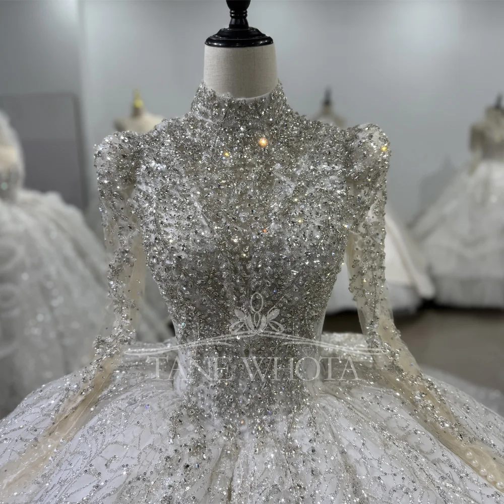 웨딩드레스 하이 롱 슬리브 크리스탈 스팽글 웨딩드레스 레이스업 키홀 백 맞춤형 볼 가운 신부용