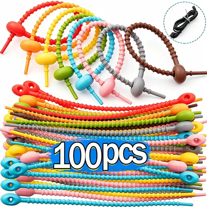 Reusable Silicone Cable Ties Twistable Wire Organizer Adjustable Cord Management Wrap for Home Office Earphone PC Cable Storage