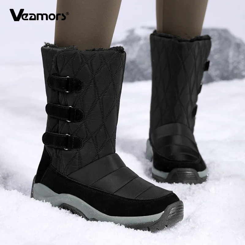 Women Mid‑Calf Winter Snow Boots Warm Anti‑Slip Hiking Boots Thick Sole Wear-resistant Outdoor Plush Boots Ladies Cotton Shoes