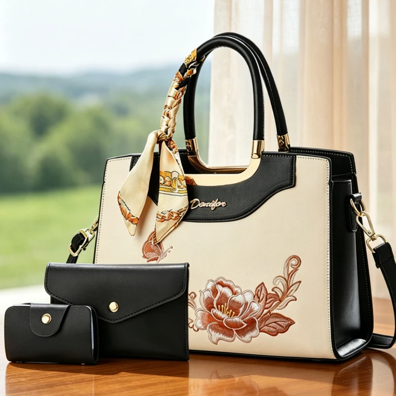 3-piece women's bag set, floral embroidered women's handbag, large-capacity women's crossbody bag with multiple pockets