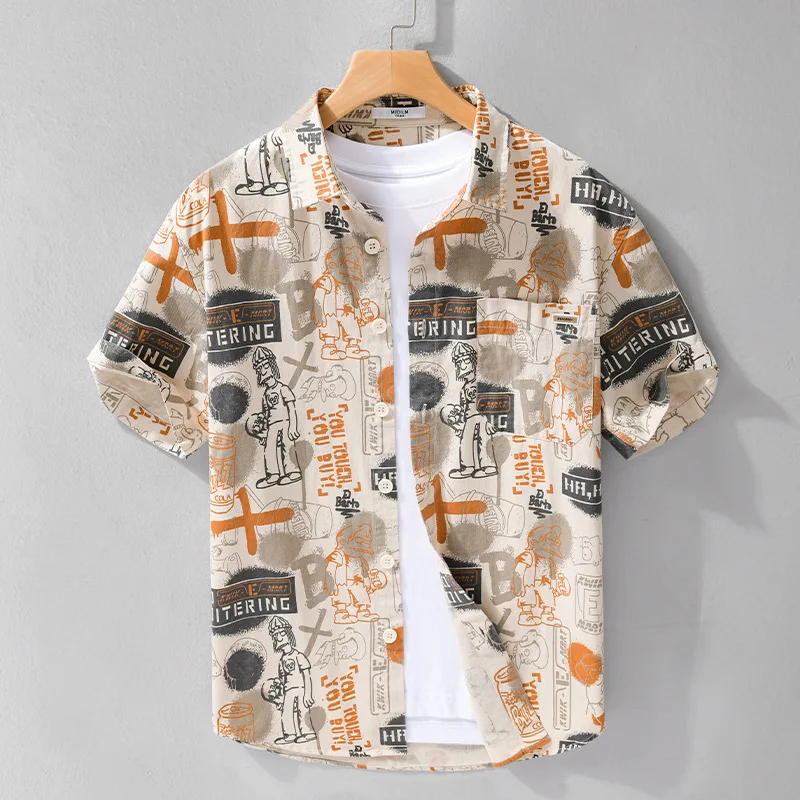 Doodle Print Floral Short Sleeve Casual Shirt Men's Summer Thin High End Trendy Loose Versatile Hawaiian Cotton Button up