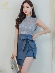 H Han Queen Elegante Lace Hollow Out Top e Bow Bandage Bodycon Mini Saia Set, coreano novo OL, 2 pcs terno, verão, venda quente