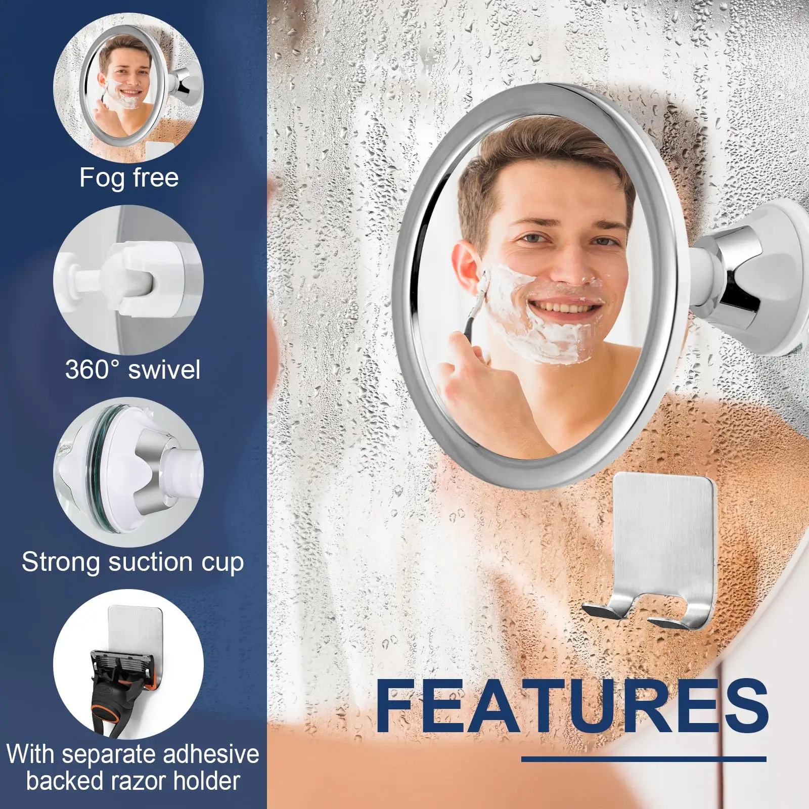 360 ° مرآة دش قابلة للتدوير، مرآة مكياج بدون ضباب مع حامل، كوب شفط، مرآة مضادة للضباب للحلاقة، دش المكياج #4
