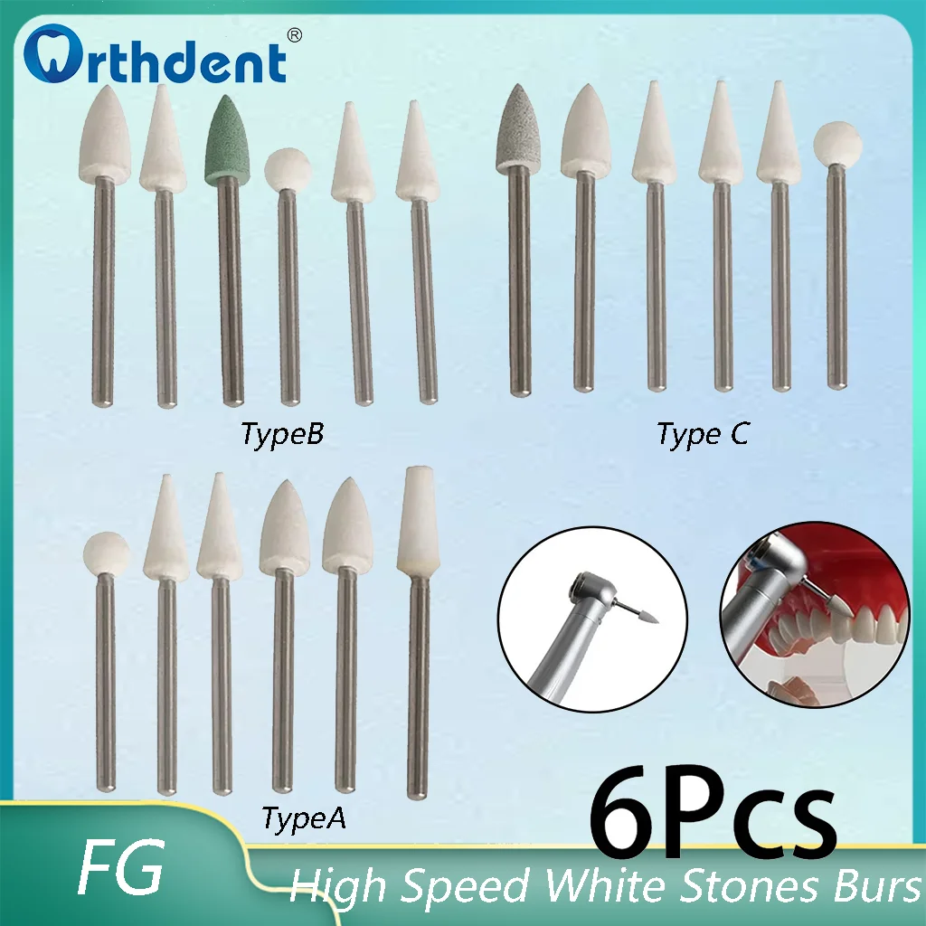 6 PCS/Box Dental Flame Cone Round White Stone For Polishing FG Drill High Speed Handpiece Dentistry Materials Grinding Head