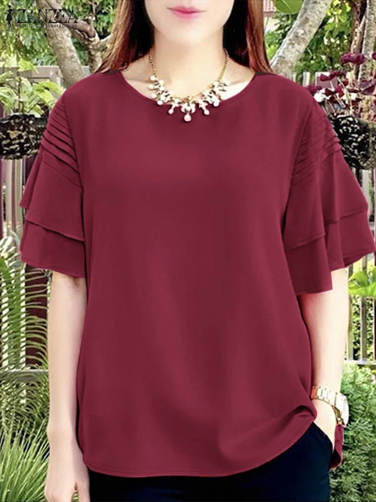 2025 ZANZEA Blusas de verano para mujer, Tops elegantes de trabajo de manga corta, camisa de vacaciones con diseño plisado elegante, Blusas holgadas informales con cuello redondo