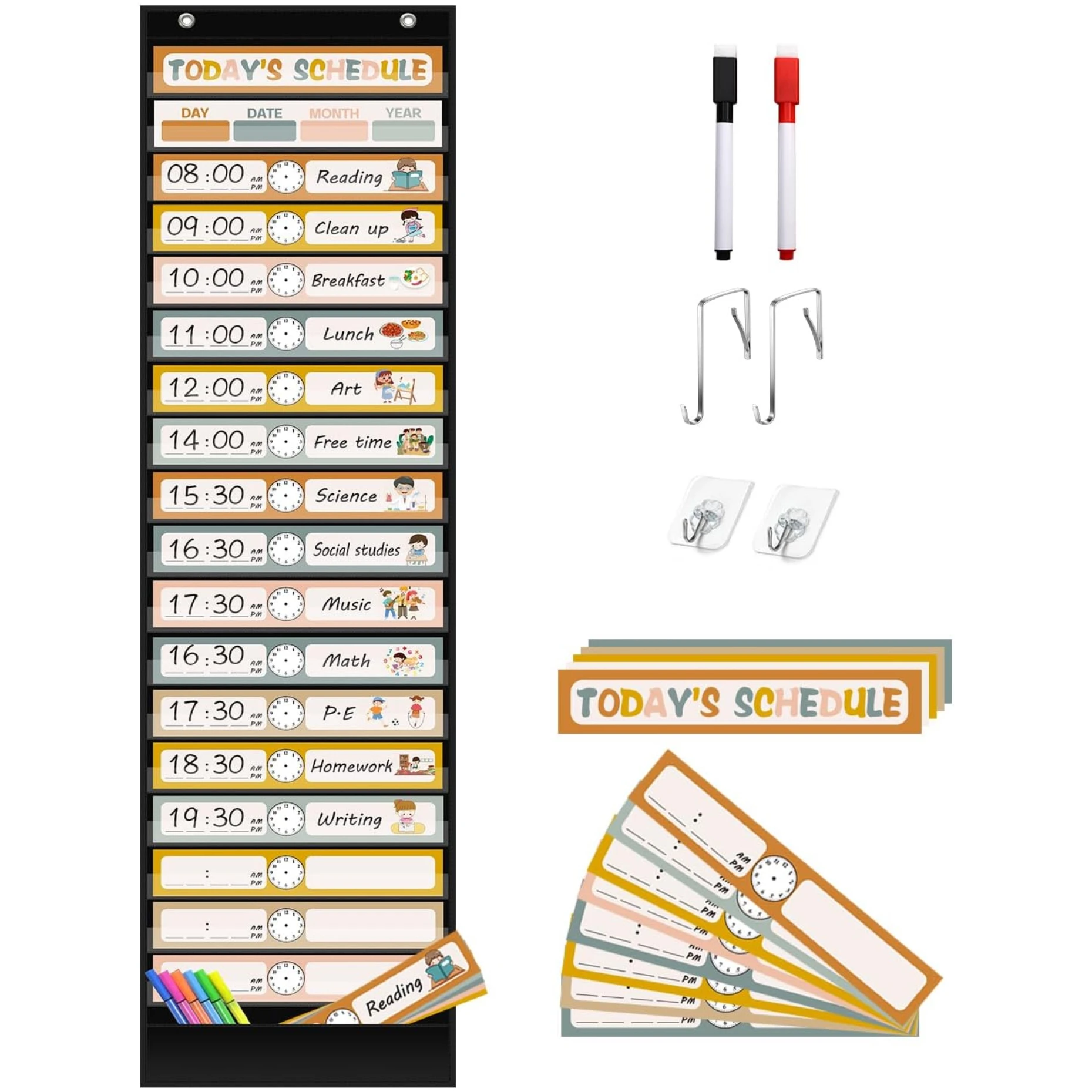 Boho 18+1 Pockets Daily Schedule Pocket Chart, 30 pcs Double-Sided Reusable Cards, Scheduling Pocket Chart for Classroom Office Home School Activity