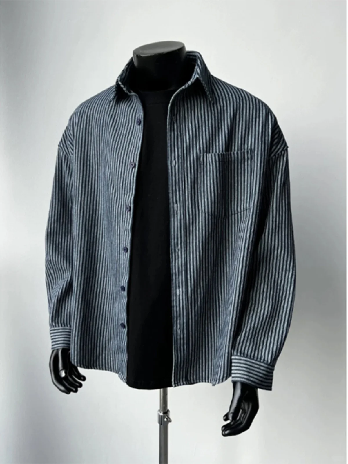 

Сине-белая полосатая вязаная мужская футболка-унисекс, длинная, для ношения под одеждой, в американском стиле, весенняя, повседневная, свободного кроя