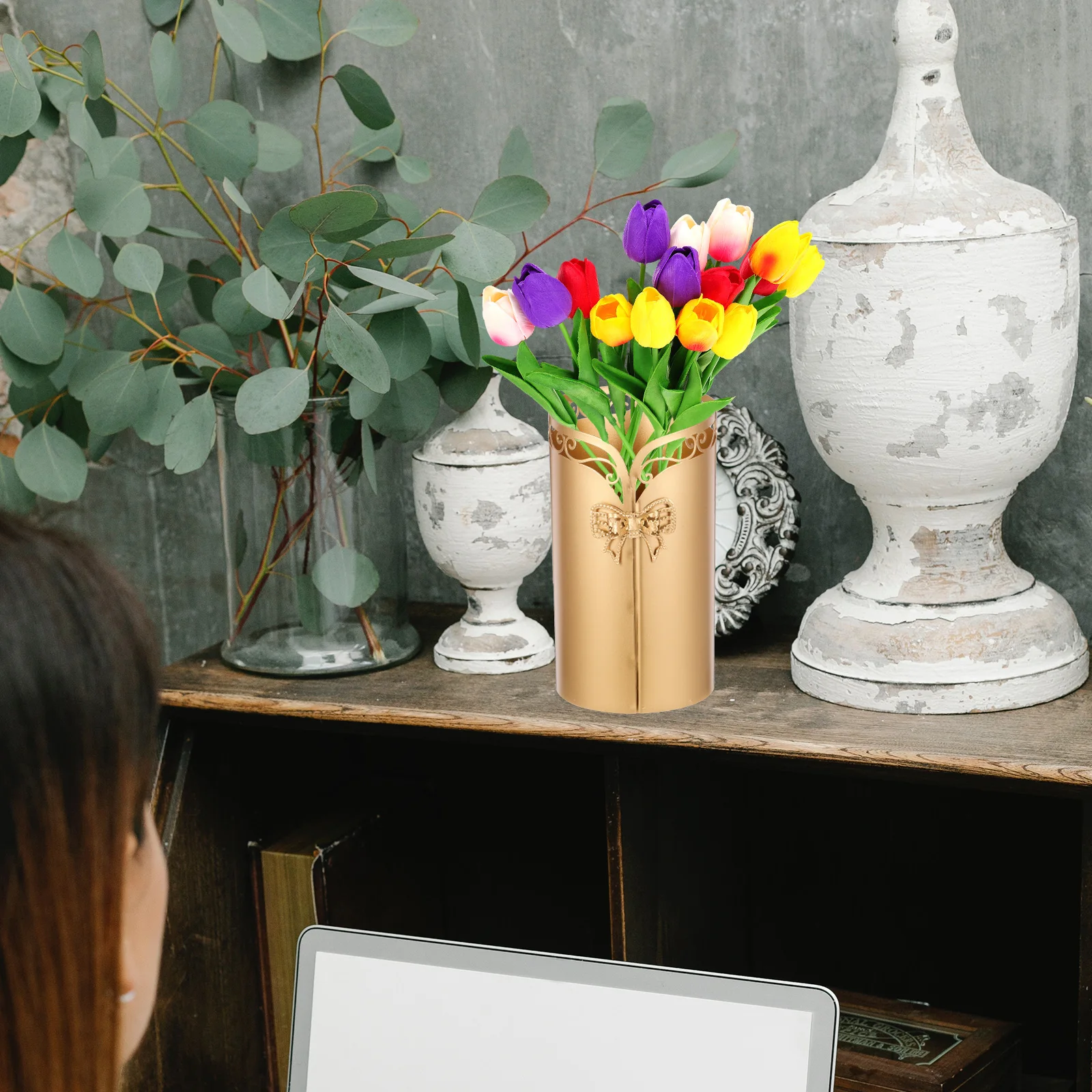 

Iron Flower Bucket Golden 22W320JT Vase Dried Flowers Plants Home Office Decor Farmhouse Planter Container Chinese Style