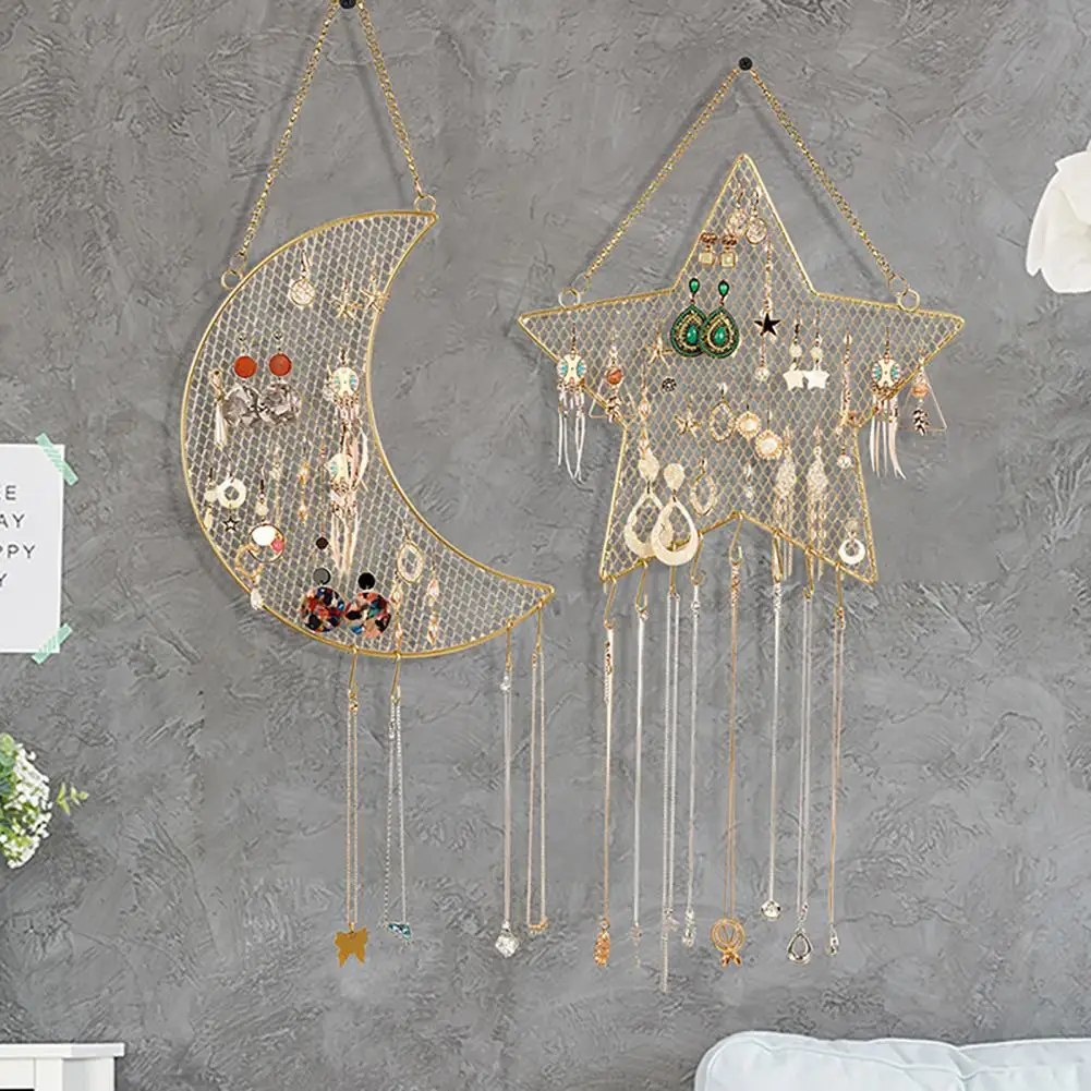 Jewelry Display Stand Exquisite Ornament Moon Star Shaped Wrought Iron Earrings Grid Wall Shelf for Bedroom