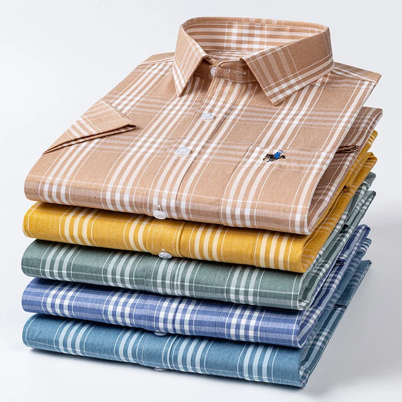 

Fashion korean popular clothes plus size 100%cotton summer short sleeve shirts for men slim fit plaid shirt free shippping item