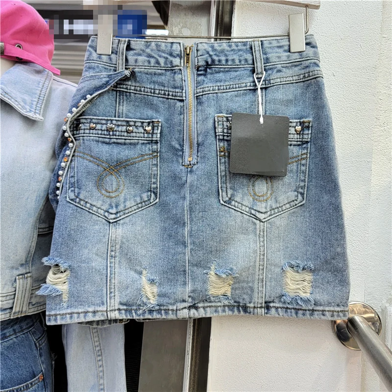 2024 Summer Women Rhinestone Bow Denim Mini Skirts Wrap Hip A Line Ripped Jeans Skirts Zipper Back Street Korean Short Skirt