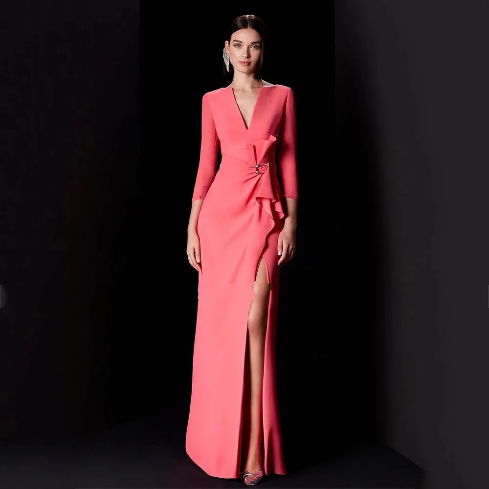 

2026 Classic Watermelon Formal Evening Dress V-neck Split Ruched Satin Mermaid Christmas Prom Pageant Party Gowns Robe De Soiree