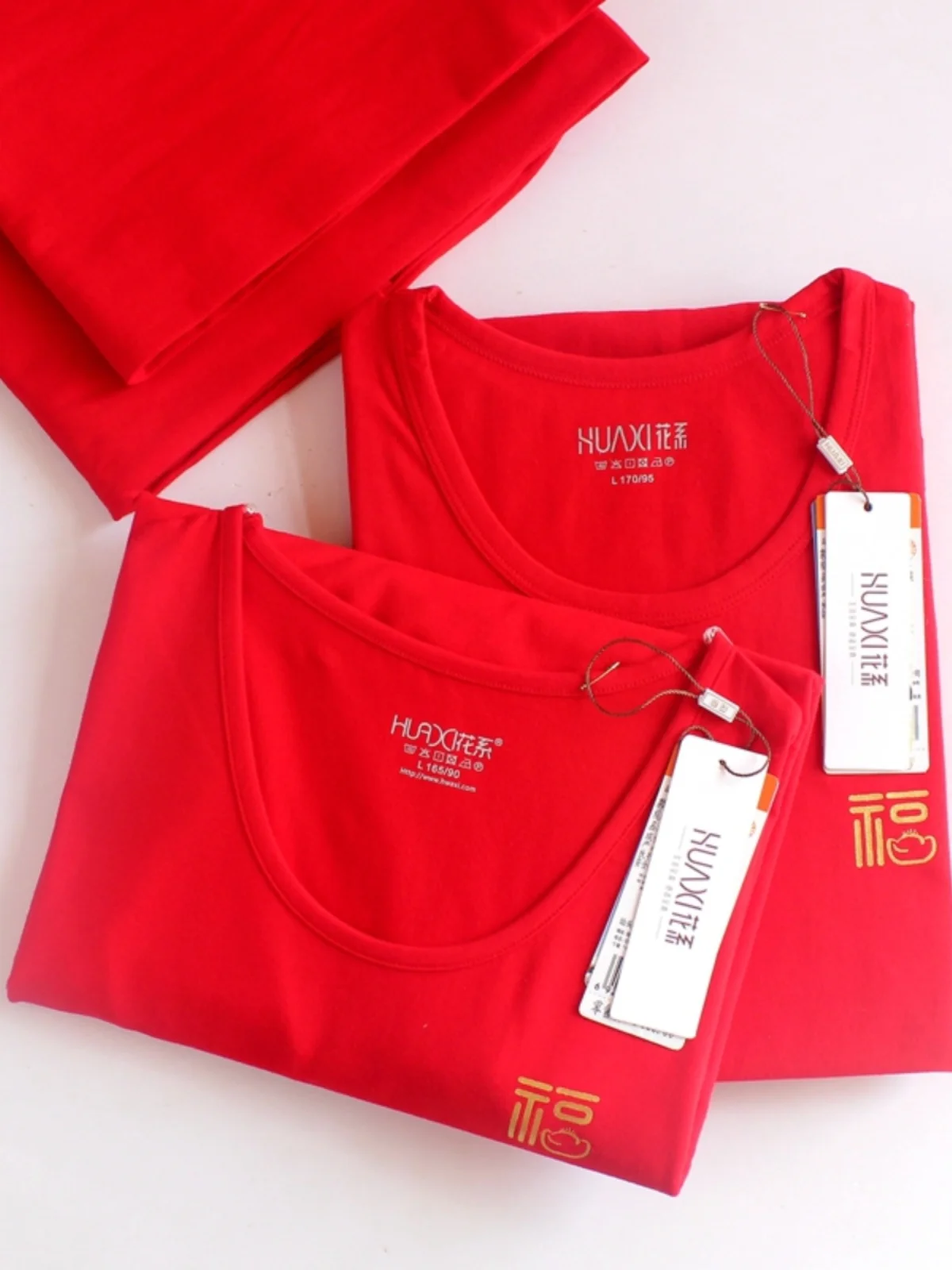 赤い綿ライクラ下着セット男性と女性用ラウンドネック通気性肌に優しいサーマル服結婚式や秋用