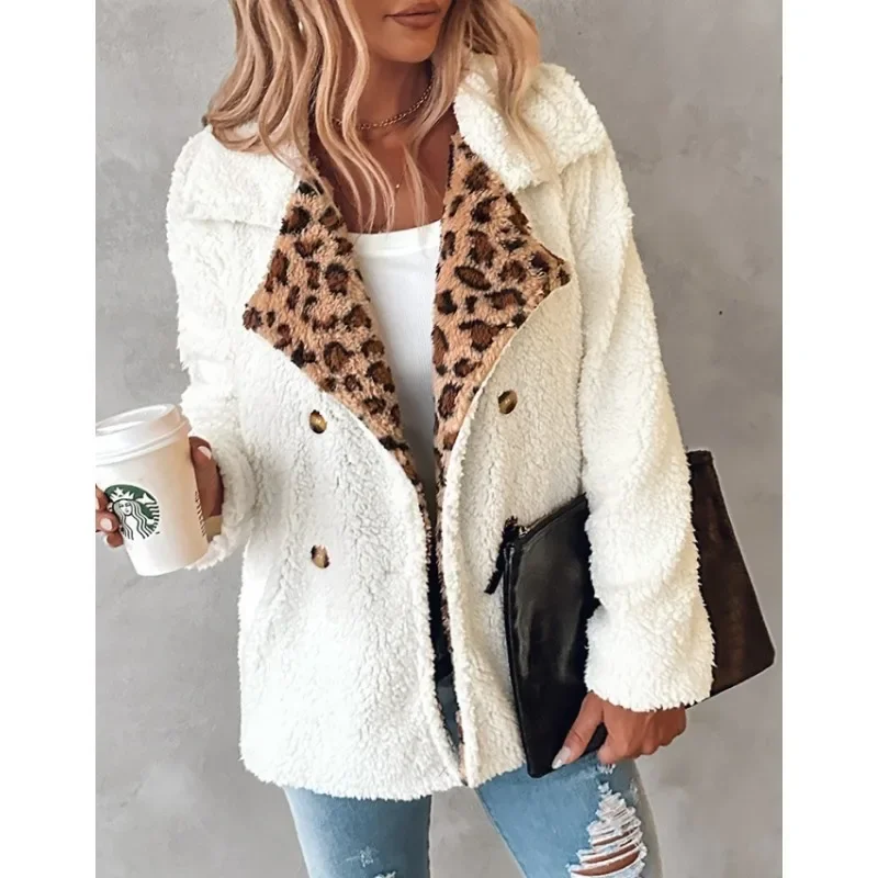 New Women Fashion Long Sleeve Leopard Patchwork Coat Jackets Ladies Casual Short Design Retro Outerwear Tops