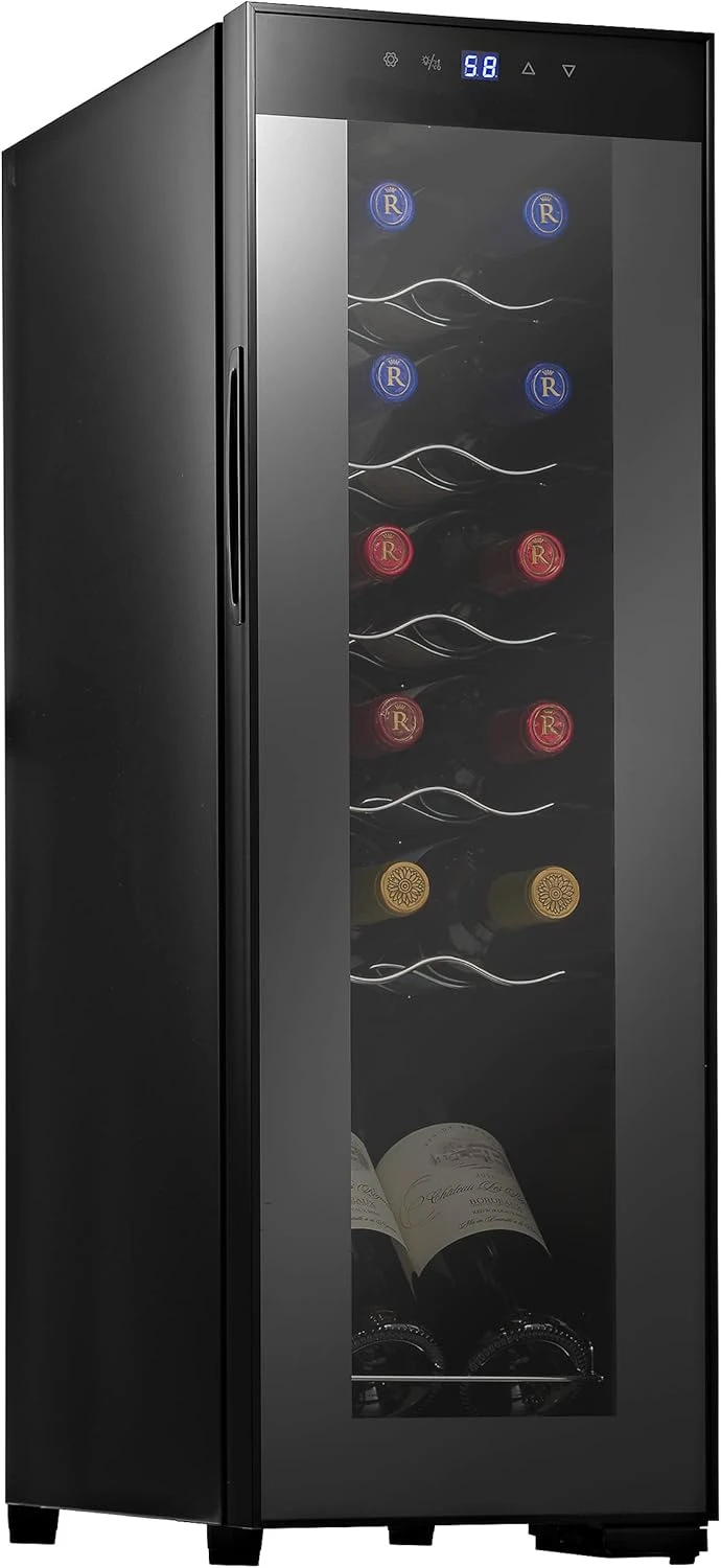 PKCWC120 White & Red Cooler-Freestanding Countertop Compact Mini Wine Fridge Chiller 12 Bottle Capacity, Digital Control