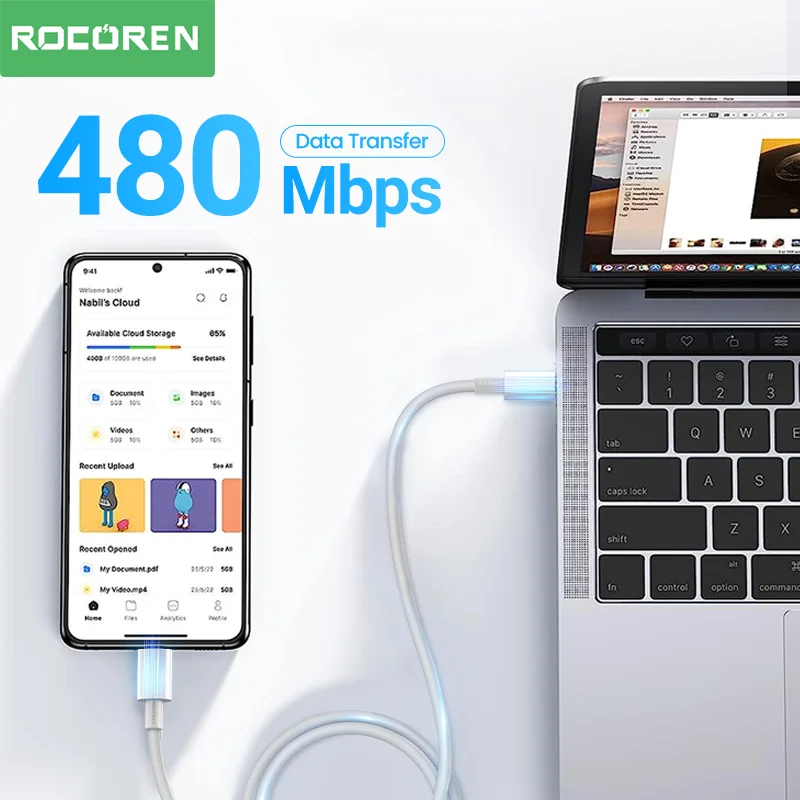 Rocoren 60W USB C to Type C PD Cable For Macbook iPad Xiaomi USB-C Fast Charging Charger For iPhone 15 Pro Max Type-C Data Cable