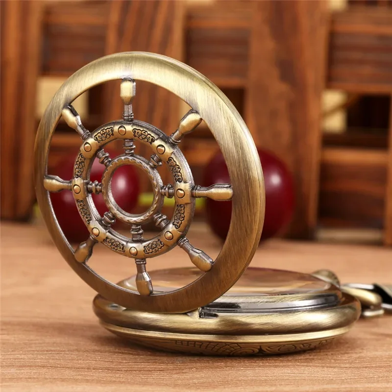 Vintage Hollow Out Rudder Design Men Women Handwinding Mechanical Pocket Watch Pendant Chain Roman Number Display Clock Gift