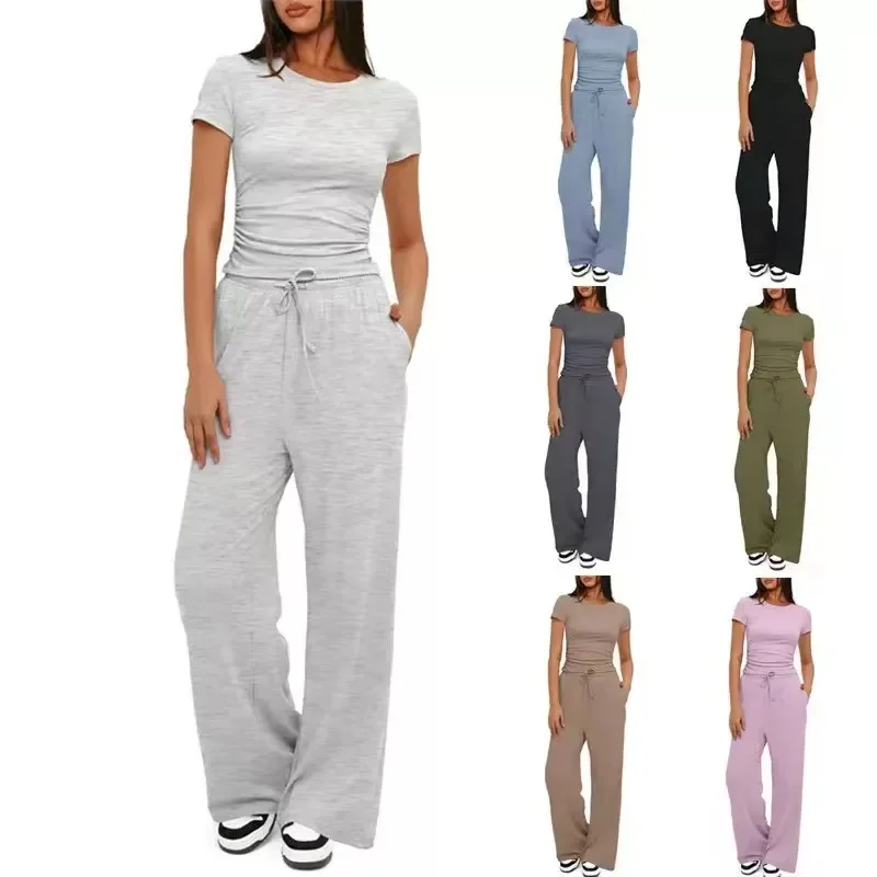 Conjunto informal de 2 piezas para mujer, Top plisado de manga corta, pantalones de pierna ancha de cintura alta, conjunto de fibra de poliéster hecho en China