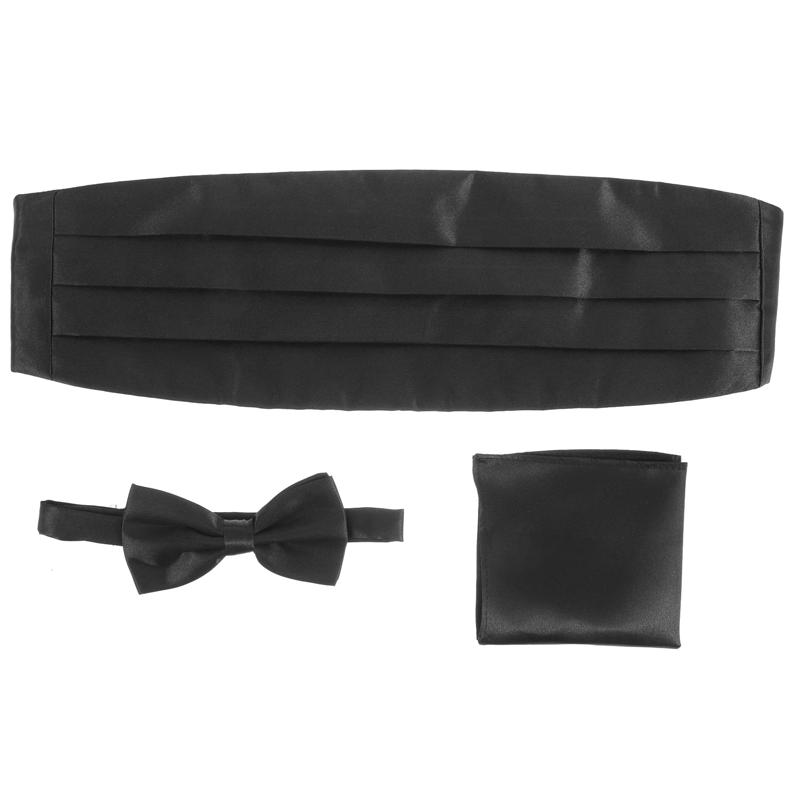 

Shiny Bow Tie Cummerbund Set Men Formal Wear Tuxedo Suit Satin Polyester Fully Lined Silver Clip Adjustable Pocket Hankie H