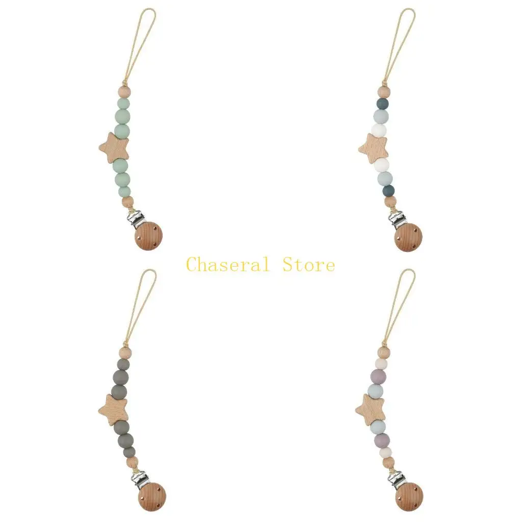 E7CE Baby Pacifier Clips Chain Handmade Star Wooden Pacifier Clips Safe Teething Anti-drop Chain Soother Chew Toy Dummy Clips