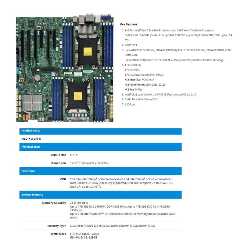 X11DAI-N Server Motherboard +2* Xeon Gold 6152 22C/44T Processor +2* Cooler +4x 64GB =256GB DDR4 2666Mmh RAM Memory