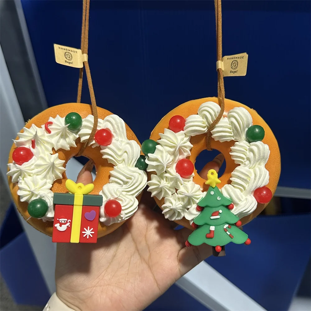 White Cream Donut Top of Christmas Hot List Charm Prop Decoration Display Fake Bread Popular Rope With Magnet Green Red Play Joy