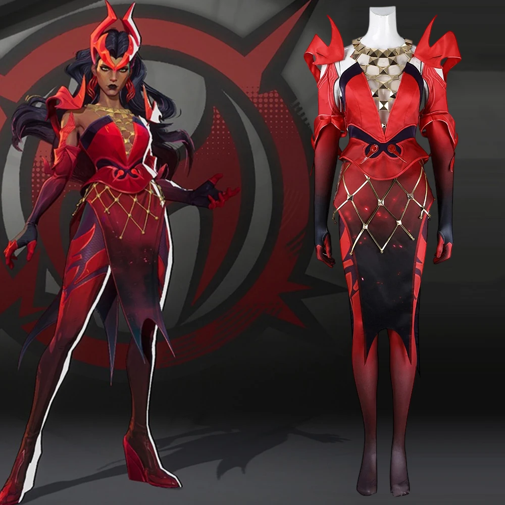 

Game Rivals Cosplay Scarlet Costume Witch Fantasia Red Battle Suit Sexy Women Top Skirts Full Set Halloween Party Disguise Queen