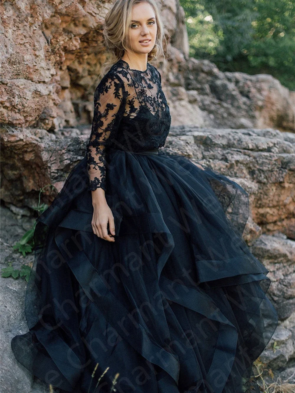 Robe de Bal Noire en Dentelle à Manches sulf, Deux Pièces, Tenue de Soirée, de Mariage, avec Jupe spatirée à Plusieurs Niveaux, Nouvelle Collection