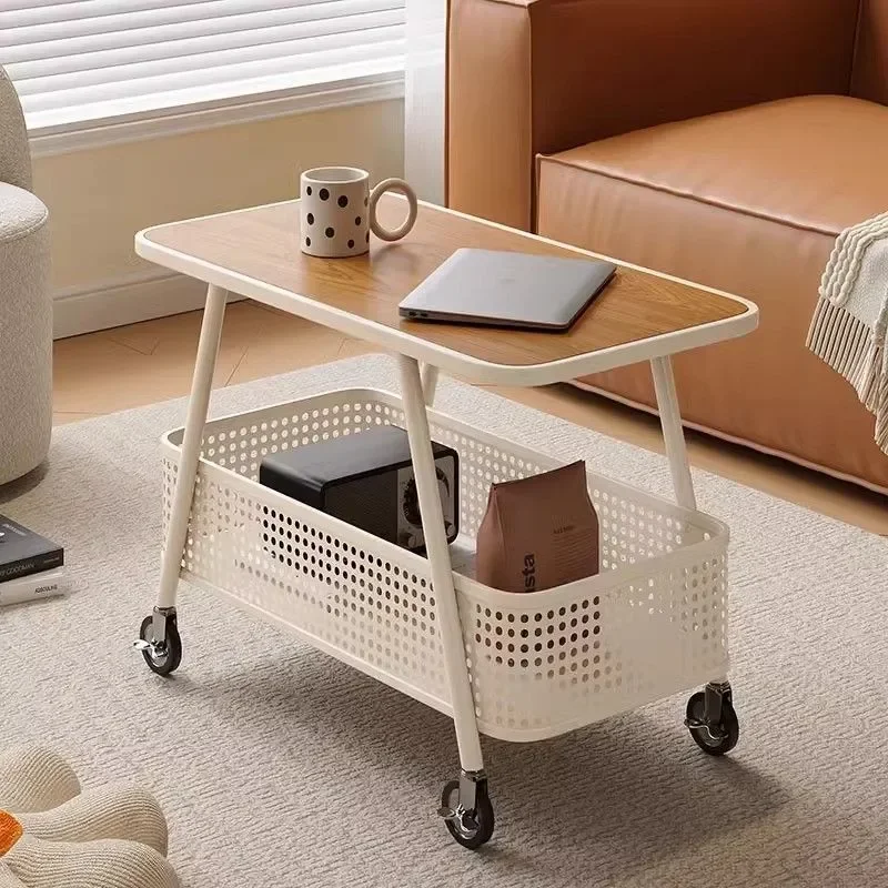 Cream Style Mobile Side Table with Tempered Glass and Sintered Stone Top Small Rolling Coffee Cart for Living Room Bedroom