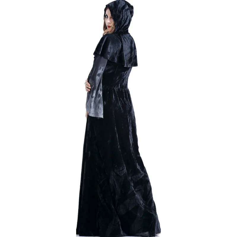 أزياء الهالوين الجديدة Sle Long Dr Witch مع ثوب بقلنسوة مطبوع عليه جمجمة ملابس نسائية تقليدية للمسرح