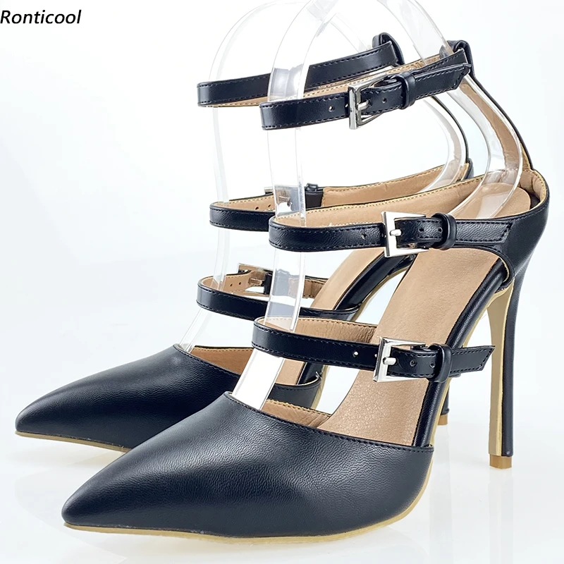 

Ronticool/женские сандалии ручной работы с пряжкой и ремешком, пикантные черные туфли на шпильке с острым носком, размер США 5-15