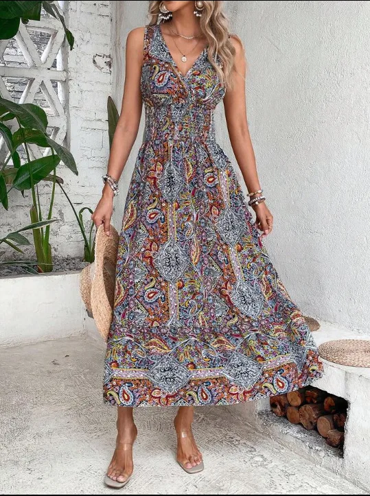 Print Sleeveless Maxi Boho Long Dresses 2024 Summer Elastic Waist Bohemian Elegant Tank Dress For Women Robe Femme Vestidos