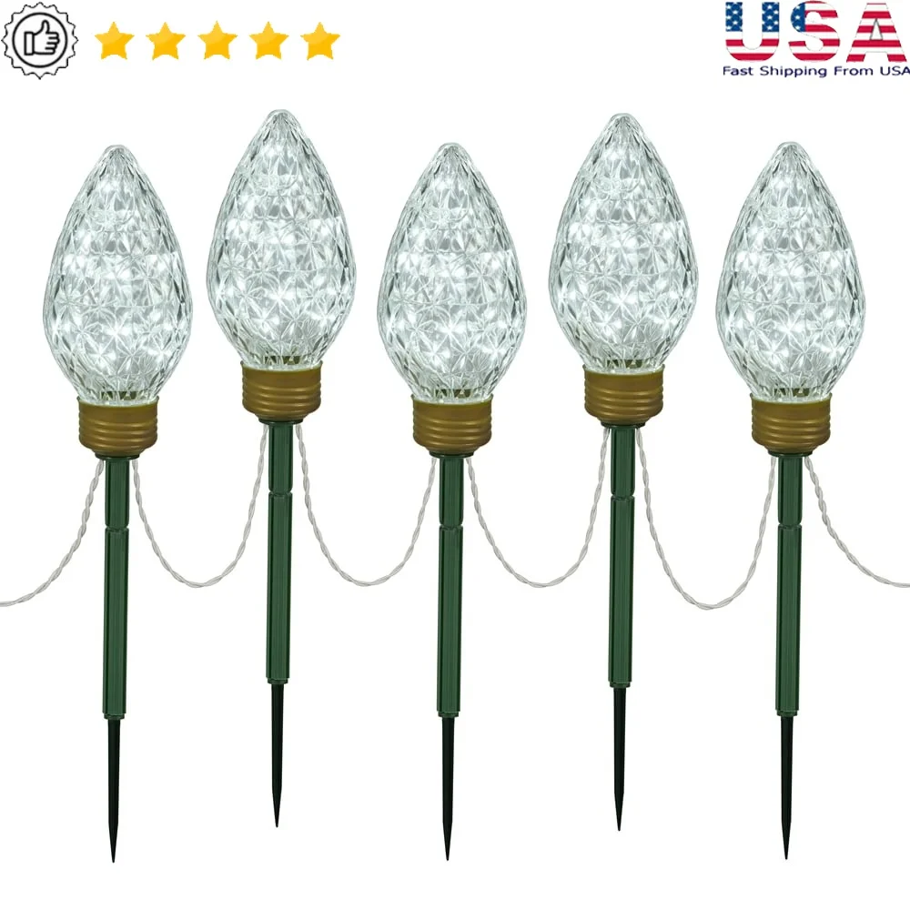 

100LED Cool White Faceted Bulb Lawn Stake Set with 10ft Light Strand Energy Efficient Outdoor Decoration Walkway Driveway Garden
